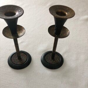 Vintage Brass Shabbat Candlesticks Enamel Mosaic Design Israel with Wax Guards